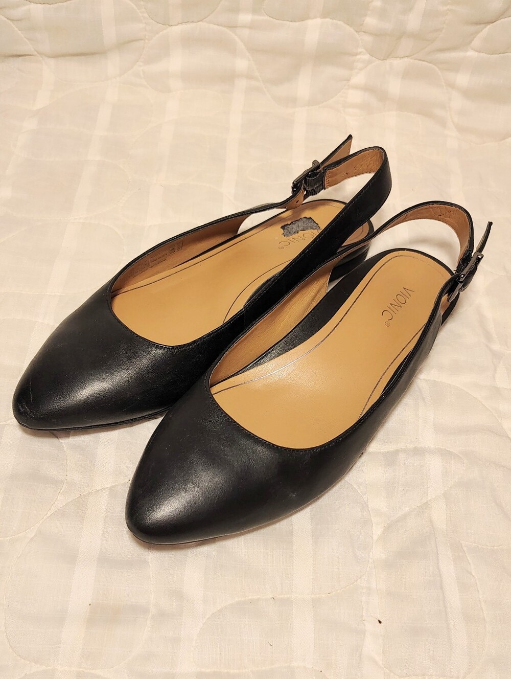 Vionic Jade Black Leather Pointed Toe Slingback Flats Orthotic Comfort 7.5 /38.5